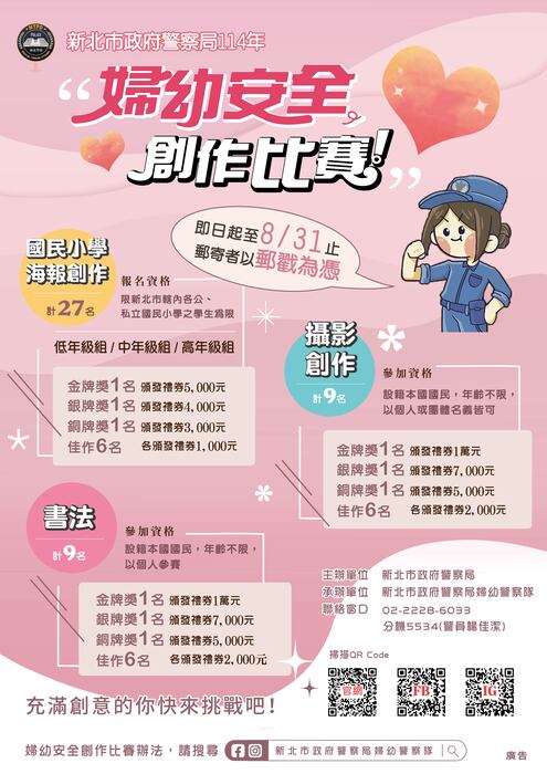 【活動】轉知新北市政府警察局114年婦幼安全「國民小學海報創作」、「攝影創作」及「書法創作」比賽辦法及宣傳海報圖片